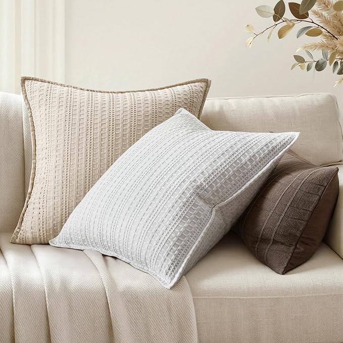 Set of 2 Decorative 100% Cotton Waffle Throw Pillow Covers 18x18, Neutral Euro Shams Weave European Cushion Cases for Couch Sofa Bed Modern Farmhouse Home Decor, Oatmeal