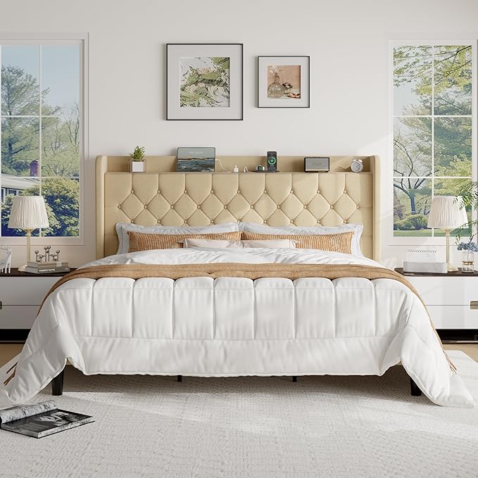 SHA CERLIN King Size Platform Bed Frame with Charging Station, Linen Wingback Headboard with Storage Shelf, Wooden Slats Support, Ample Under-Bed Space, No Box Spring Needed, Easy Assembly, Beige