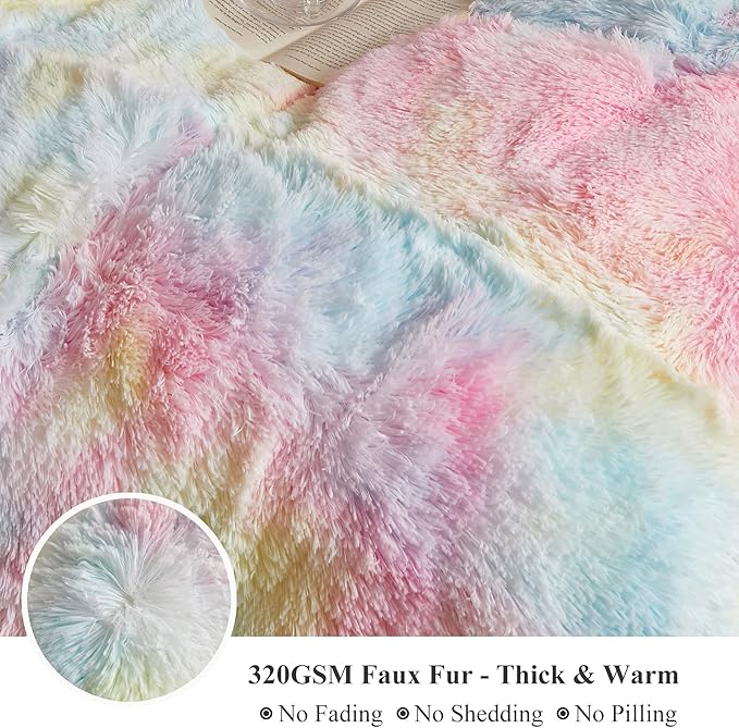 XeGe Rainbow Shaggy Faux Fur Body Pillow Cover, Tie Dye Fluffy Bed Pillow Case with Zipper, Soft Decorative Plush Long Pillow Sham, Fuzzy Hug Pillow for Kids Children Girls Women 20"x54" Rainbow