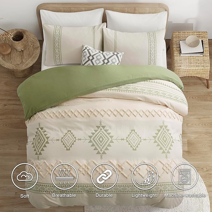 Oli Anderson Boho Duvet Cover Set King Size, Beige and Sage Green Color Clash 3 Pieces Microfiber Bedding Set, Durable and Super Soft Duvet Covers with Zipper and Ties, 104"*90"