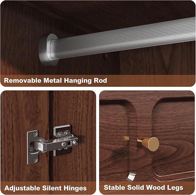 HLR 71" Mid-Century Modern Armoire Wardrobe Closet with Doors and Drawers,Wooden Armoire Storage Cabinet with Hanging Rod for Bedroom,Large Capacity Storage,Brown
