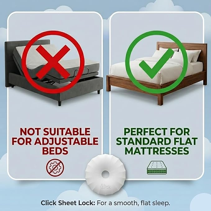Click Bed Sheet Holder - No Lift Mattress Sheet Clips & Strap for Queen King Size Beds, Sheet Keepers to Keep Sheets on Bed, Heavy Duty Bedsheet Lock Fasteners to Hold Sheets in Place Firm & Tight