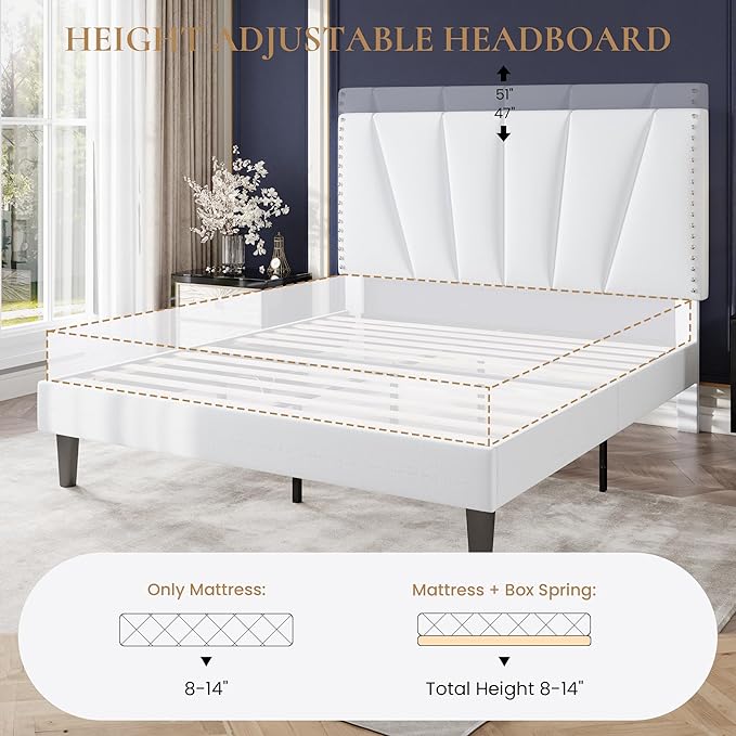 SHA CERLIN Full Size Bed Frame with Adjustable Upholstered Velvet Rivets Headboard, Sturdy Wooden Slats, Strong Platform Support for Mattress, No Box Spring Needed, Easy Assembly, White