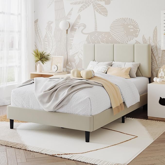 Twin Bed Frame, Padded Platform Bed Frame with Velvet Headboard, Vertical Quilted Design, Sturdy Slatted Mattress Base, No Spring Mattress Required, Easy to Assemble, Beige