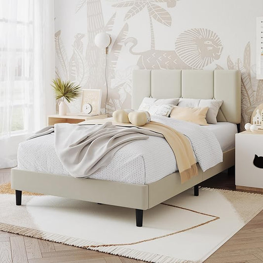 Twin Bed Frame, Padded Platform Bed Frame with Velvet Headboard, Vertical Quilted Design, Sturdy Slatted Mattress Base, No Spring Mattress Required, Easy to Assemble, Beige
