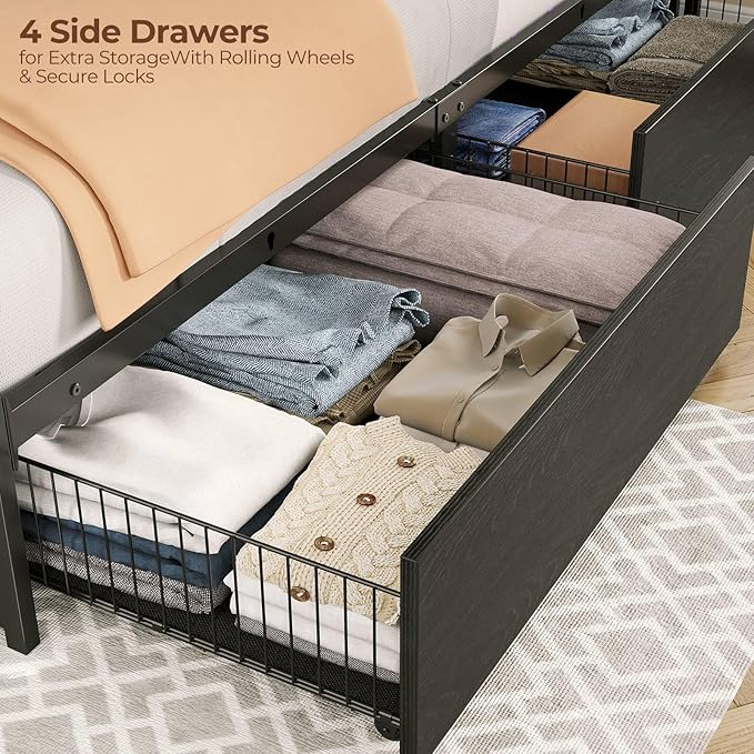 Rolanstar Queen Bed Frame with 4 Storage Drawers & 2-Tier Storage Headboard, Metal Platform Bed Frame with Charging Station & LED Lights, Noise-Free, No Box Spring Needed, Easy Assembly, Black Oak