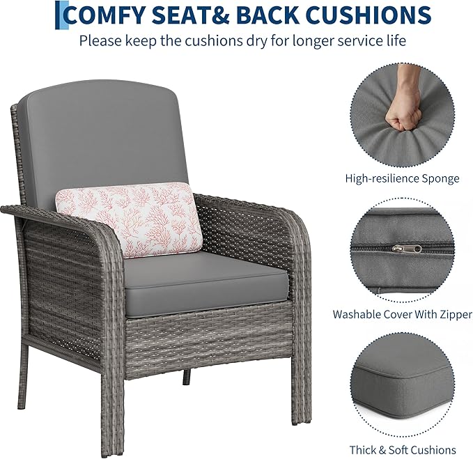 GarveeHome Outdoor Wicker Chairs Set of 2, All-Weather High Back Rattan Patio Furniture, 2-Piece Conversation Set with Comfy Cushions for Porch, Deck, Gray, Blue Cushion