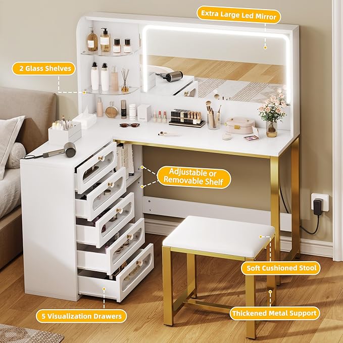 YITAHOME Vanity Desk Set- L Makeup Vanity with Mirror and Lights 3 Lighting Modes, 48" Large Makeup Table with 5 Tempered Glass Drawers with Open Storage Shelves Vanity Table, White