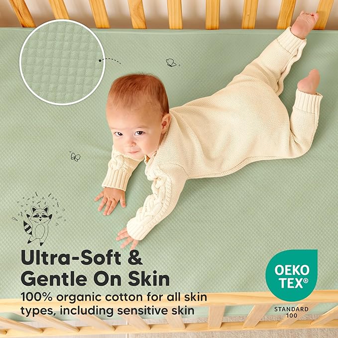 2-Pack Waterproof Crib Mattress Protector Cover Fitted - Quiet Baby Crib Mattress Pad Sheets, 52" x 28" Soft Quilted Cotton Baby Sheet, Machine Washable, Easy Fit, Durable (Soft Fern/Quin)