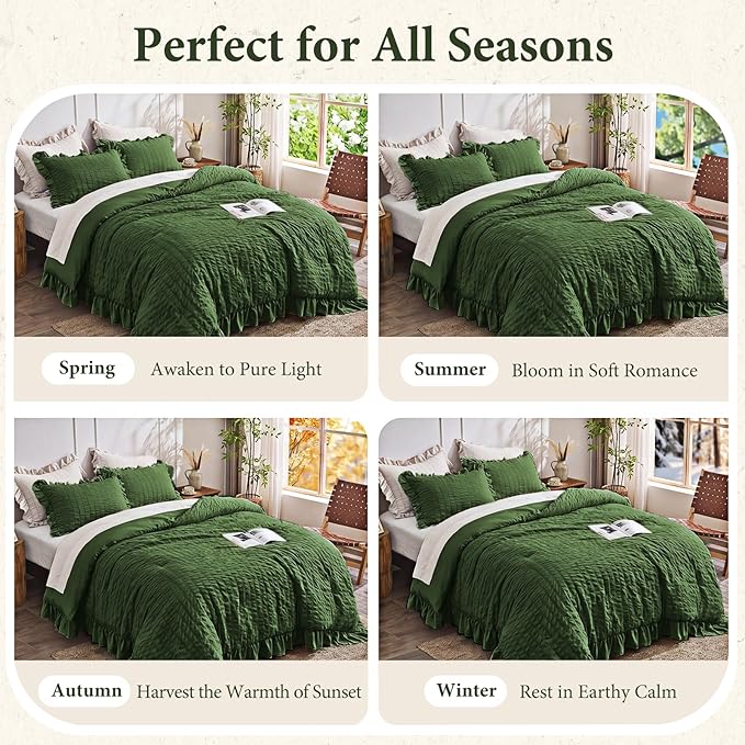 JOLLYVOGUE Dark Green Twin Size Comforter Set, 2 Pieces Seersucker Lightweight Fluffy Bedding Set, Twin Ruffle Comforter, All Season Soft Microfiber Shabby Chic Bed Set