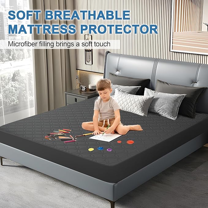 GUHER Waterproof Mattress Protector California King Size,Breathable Bed Cover 3D Air Fabric Mattress Pad Cover,Noiseless＆Ultra-Soft Washable Bed Cover with 6"-14" Deep Pocket (Gray)