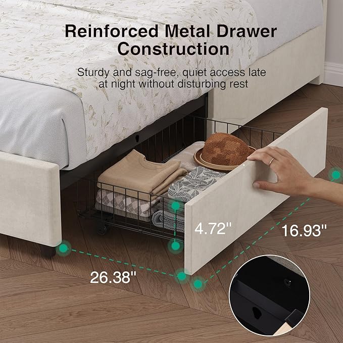 Novilla Queen Size Bed Frame, Queen Bed Frame with Headboard, Queen Bed Frame with Drawers, LED Bed Frame Queen Size, Charging Station and Adjustable Headboard, No Box Spring Needed, White Velvet