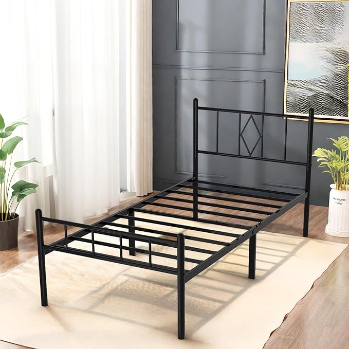 FONTOI Twin Size Bed Frame, 14 Inch Metal Platform Bed with Iron-Art Headboard & Footboard, Max 3500lbs Metal Slat Support, Classic Bed Frame with Under Bed Storage & No Box Spring Needed, Black