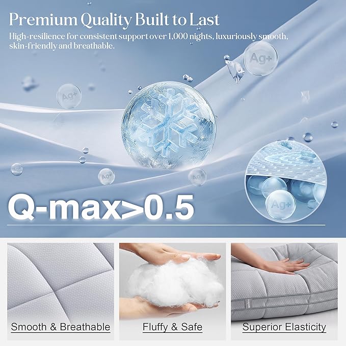 Cooling Adjustable Pillow for Side Sleepers, Silver Infused Bed Pillow, Cool Soft Firm Pillow for Hot Sleepers, Back & Stomach Sleepers, Self-Cleaning Technology for 3X Freshness Sleep, Grey