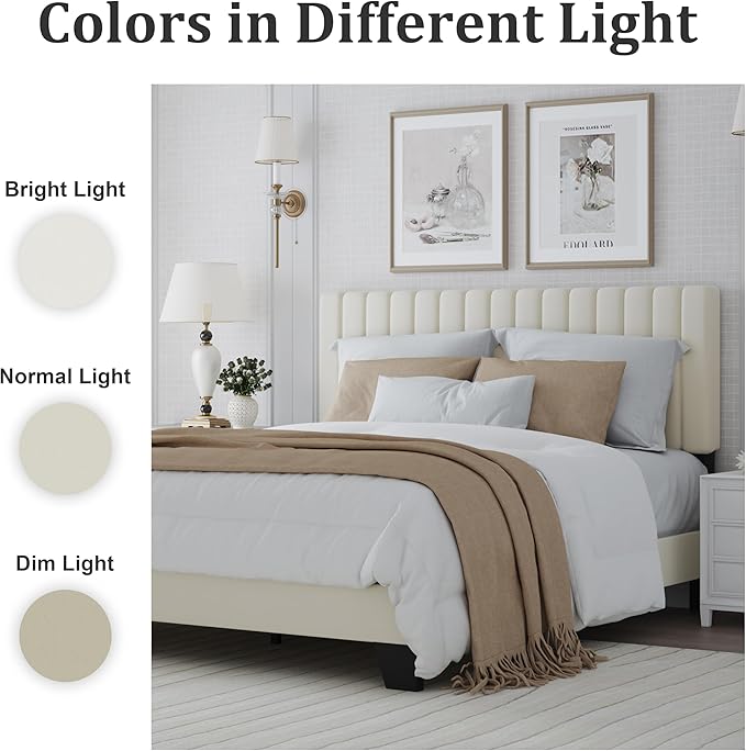 Full Bed Frame, Velvet Upholstered Platform Bed Frame with Adjustable Headboard, Vertical Quilted Design, Sturdy Slatted Mattress Base, Easy to Assemble, White