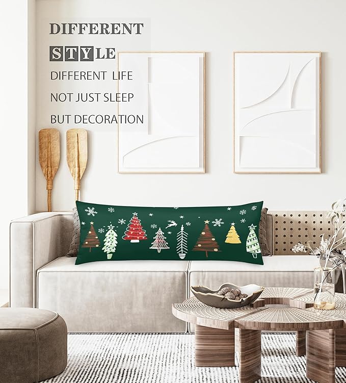 Christmas Body Pillow Cover Christmas Decoration Forest Green Christmas Tree Long Pillow Case with Zipper Farmhouse Bedding Pillowcase Decorative Soft Cushion Pillows Covers for Bedroom,Couch,20"x54"