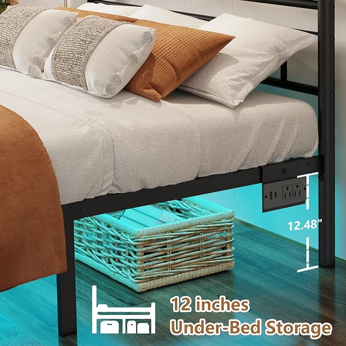 Twin Size Bed Frames with Charging Station,Black Metal Platform Bed Frame with LED Lights,Heavy Duty Metal Steel Slats Support,No Box Spring Needed,Noise Free,Easy to Assemble