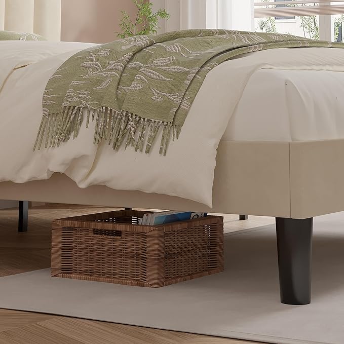 VECELO Full Size Bed Frame with Upholstered Headboard, Velvet Platform Bedframe Mattress Foundation, Strong Wood Slat Support, No Box Spring Needed,Bone Beige