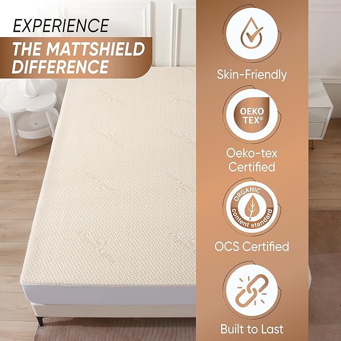 Luxury Waterproof Organic Mattress Protector Full Size - Organic Cotton Breathable Mattress Pad Cover - Premium 380 GSM 3D Air Fabric - Deep Pocket - Jersey Cotton Skirt - Fitted Design