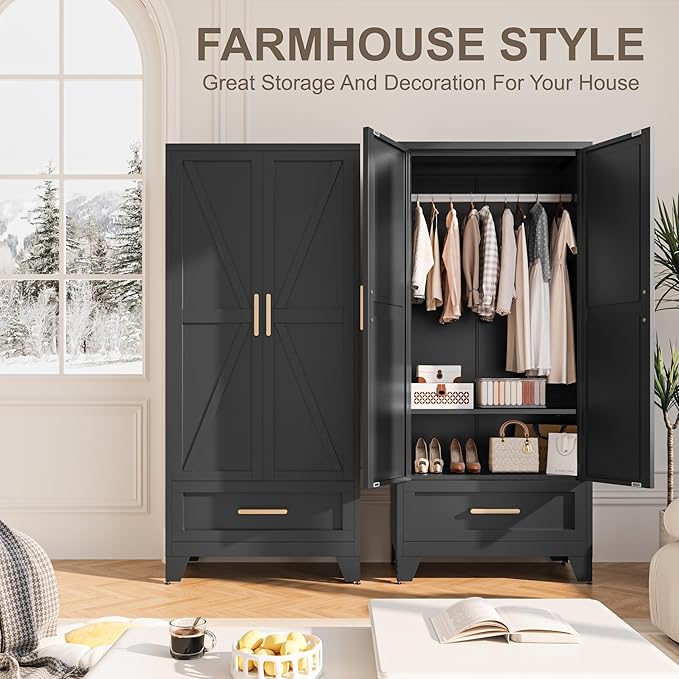 Baborokic Metal Wardrobe Cabinet,71 Armoire Wardrobe Closet with Drawers and Hanging Rod,Metal Armoire with Adjustable Shelves for Closet,Bedroom,Farmhouse Storage Cabinet with Drawer(Black)