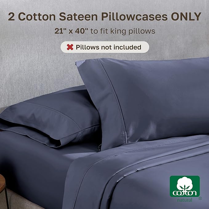 California Design Den King Size Pillowcase Set - 400 Thread Count, 100% Cotton Sateen, Set of 2 Pillow Covers, Soft and Breathable - Indigo Dusty Blue