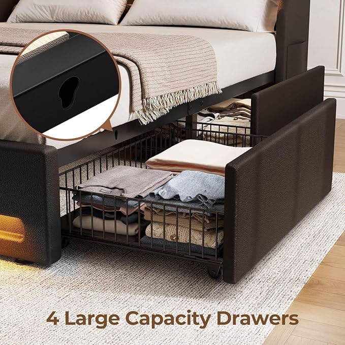 Rolanstar Twin Bed Frame with LED Lights and Charging Station, PU Leather Bed with Drawers, Wooden Slats, Noise Free, Easy Assembly, Black