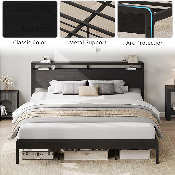 LIKIMIO California King Bed Frame with Headboard, Dark Wood Camas California King with Strong Supports, Sturdy, Noise-Free, No Box Spring Needed, Classic Black