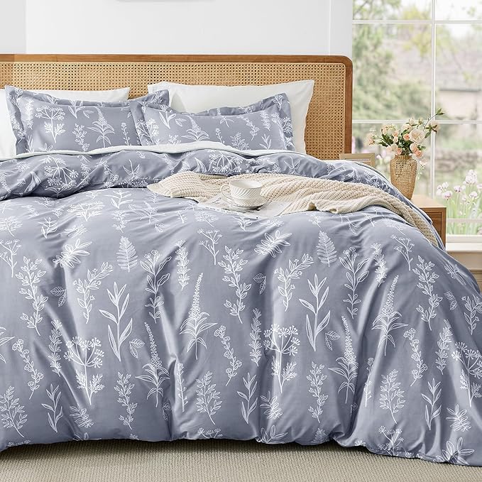 MUXHOMO Duvet Cover Queen Size, Reversible Floral Grey Duvet Cover Set with Zipper Closure, 3 Pieces Botanical Patterns Soft Microfiber Bedding Set with 4 Ties (90"x90", 2 Pillow Cases)