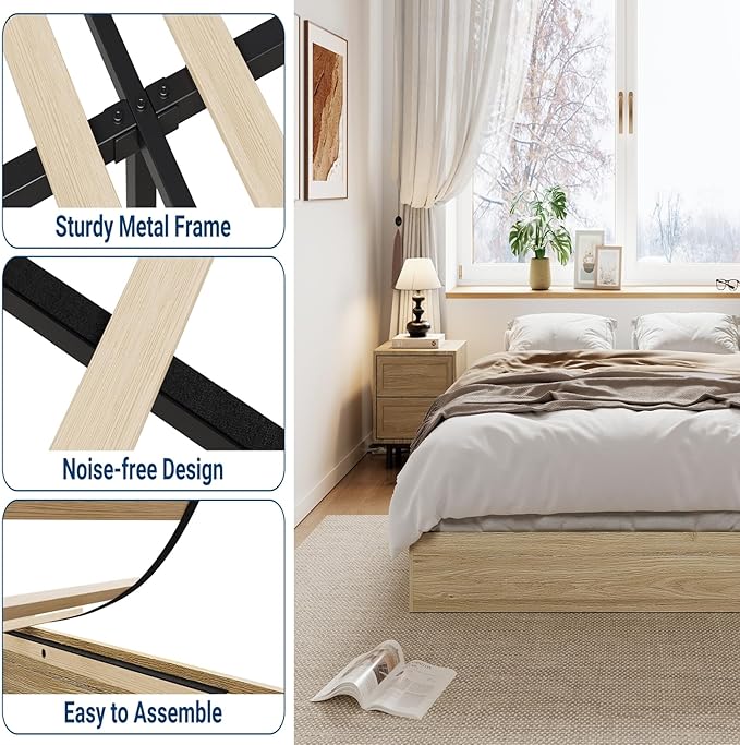 IDEALHOUSE Platform Bed Frame Full Size,Wooden Slat Support,No Box Spring Needed, Easy Assembly, Natural