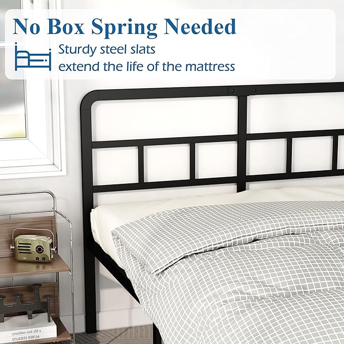DiaOutro 18 Inch Full Size Bed Frame with Headboard No Box Spring Needed, Heavy Duty Metal Platform with Steel Slat, Mattress Foundation, Easy Assembly, Noise Free, Black