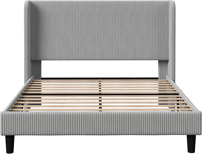 Allewie Full Size Bed Frame with Upholstered Wingback Headboard, Vertical Channel Tufted Corduroy Velvet Platform Bed, Strong Wooden Slats Support, No Box Spring Needed, Easy Assembly, Light Grey