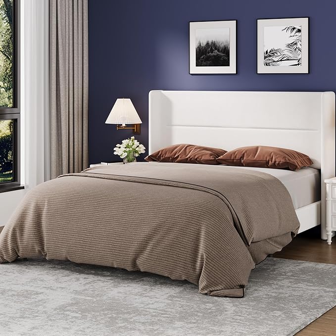 Garvee Queen Size Bed Frame with Wingback Headboard, Velvet Upholstered Platform Bedframe with Wood Slats, No Box Spring Needed, Easy Assembly, White