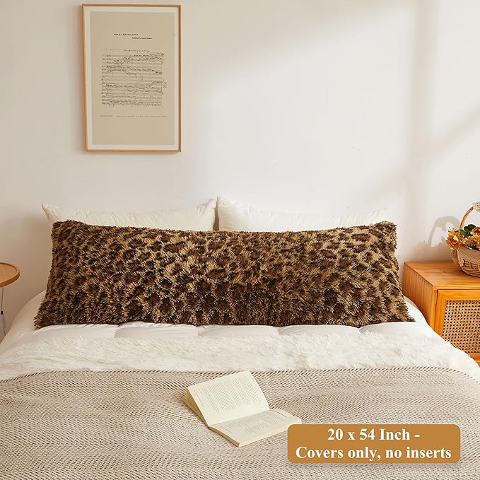 XeGe 20x54 Fluffy Leopard Print Body Pillow Cover, Cheetah Print Plush Fuzzy Faux Fur Body Pillowcase with Zipper, Farmhouse Shaggy Furry Long Pillow Cover for Pregnant Women Side Sleeper, Brown