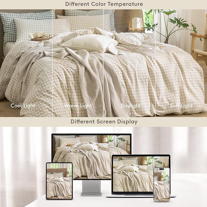 MooMee Gingham Duvet Cover Set 100% Washed Cotton Linen Like Textured Breathable Durable Soft Comfy Modern Checkered Design (Almond Milk Grey Gingham, Queen 90"x90")