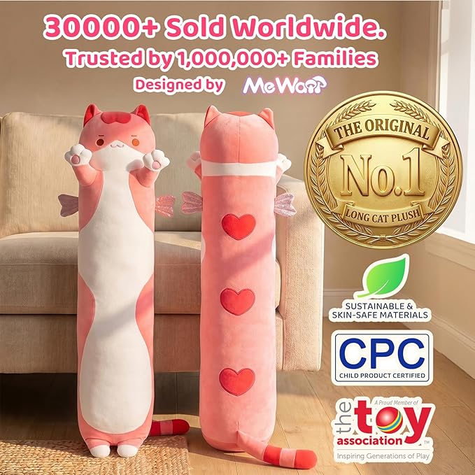 Mewaii Long Cat Plush 5 Sizes, 120% Extra Filling Giant Plushness Kids Body Pillow, Kawaii Cute Pink Cat Stuffed Animals Plushies, Big Long Body Pillow Cat Plush Gift for Girls 44”