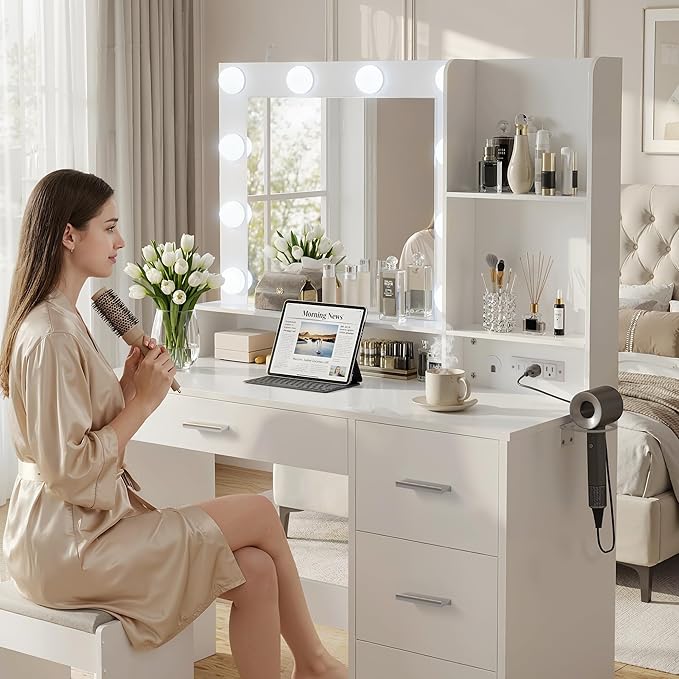 YESHOMY 39" Vanity Desk with Mirror & Lights, Makeup Vanity Table with Power Outlet & Storage Drawers, 3 Color LED Lighting, Dressing Table for Bedroom, White