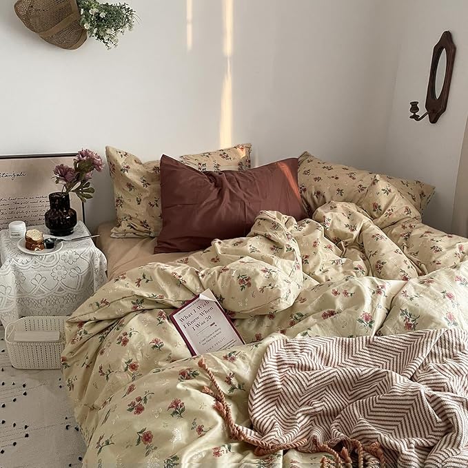 mixinni Vintage Floral Duvet Cover Twin XL Size - 3 Piece 100% Cotton Cottagecore Red Flowers & Green Leaves Bedding, Soft Botanical Comforter Cover & Pillowcases, Aesthetic Spring Bed Set for Girls