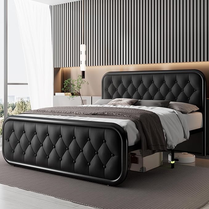 Feonase Full Size Bed Frame, Heavy Duty Bed Frame with Faux Leather Headboard, Upholstered Platform Bed with Strong Metal Slats, 12" Under-Bed Storage, Noise-Free, Easy Assembly, Black