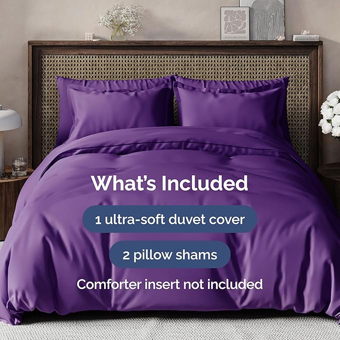 Duvet Cover Queen Size Set - Extra Soft Queen Duvet Cover 90" x 90" with 2 Pillow Shams - Hotel Luxury, Easy Care & Fade Free w/ Zipper Closures & Ties - All Season, Comfy, Cozy & Breathable (Purple)