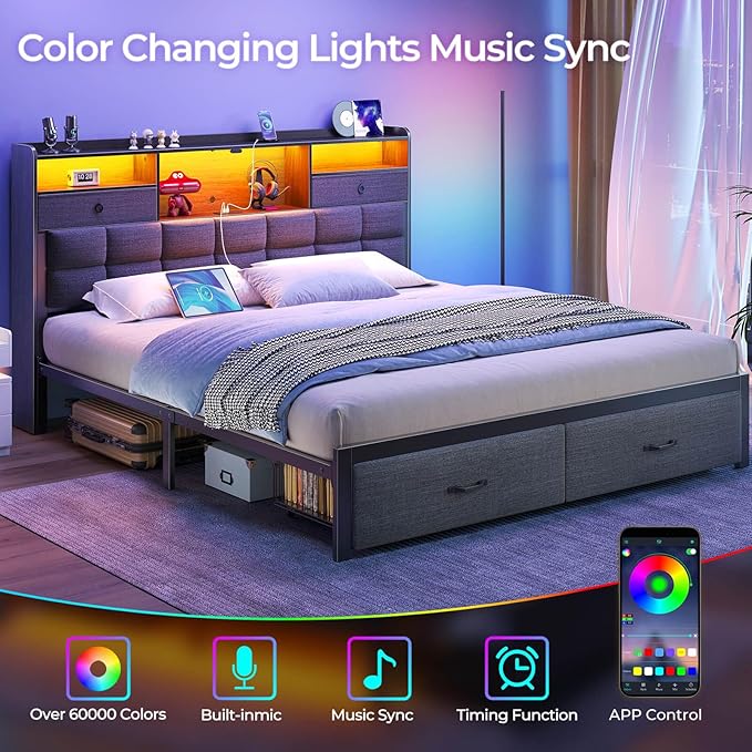 Rolanstar Bed Frame King Size with Drawers and Charging Station, Upholstered Platform Bed with Storage Headboard and LED Light, Heavy Duty Metal Support, No Box Spring Needed, Noise Free, Grey