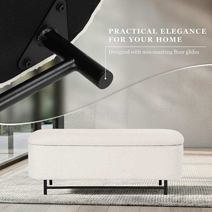 HomePop Ellipse Modern Storage Bench with Metal Legs |Homepop Home Décor|Bench with Storage for Living Room & Bedroom - Cream Boucle