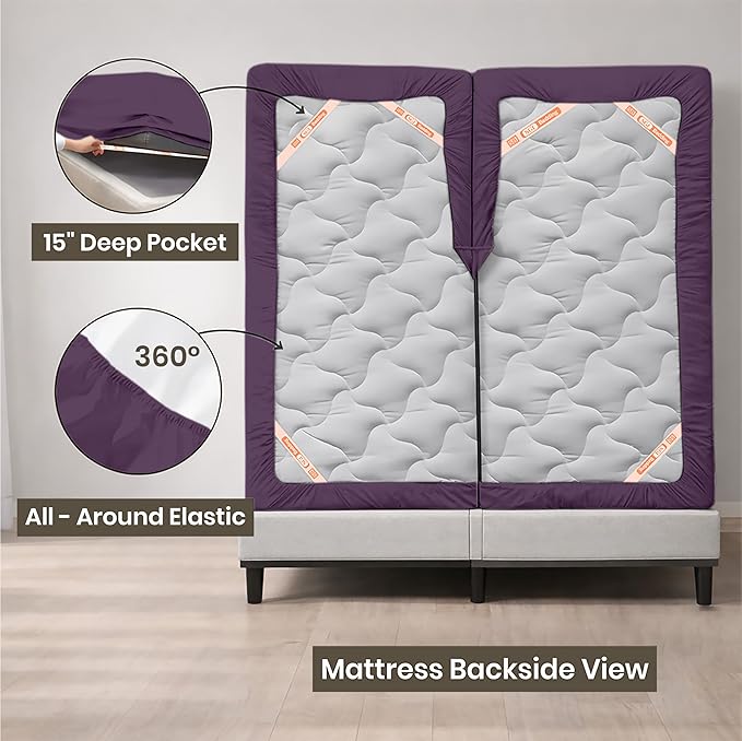 SGI bedding 36" King Split Top Flex Head Sheet 100% Egyptian Cotton Sheet Set 1000 Thread Count Flex Top Sheet for Adjustable Bed 4Pc Sheet Set 15" Deep Pocket for Sleep Number Bed - Plum