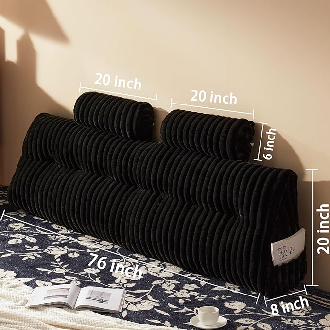 Rycwola Faux Fur Headboard Pillow with 2 Pack Neck Roll Pillow Large Headboard Pillow Soft and Supportive with Removable Cover (Black, King)