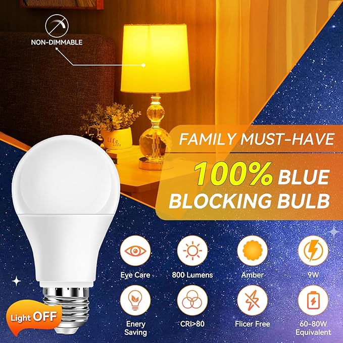 Neporal Amber Sleep Light Bulbs 1800K 8PK, 9W 60 Watt Equivalent, 99.96% Blue Blocking Soft Warm Light Bulbs A19, Amber Night Light E26 for Bedroom and Baby Nursery Light