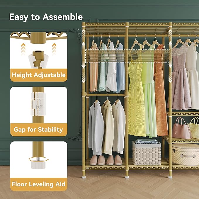 Higeego H5 Large Wire Garment Rack, Heavy Duty Clothes Racks, Wardrobe Closet Rack for Hanging Clothes, Freestanding Clothing Racks with Adjustable Shelf, 93.3" Wx15.7 Dx75.4 H, Gold, Load 1400 lbs