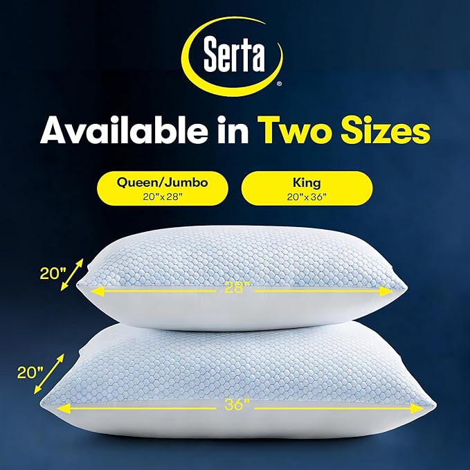 Serta Cooling Down Alternative Bed Pillows King Size Set of 2, Reversible Cooling & Cotton Fabric, Medium Firm, Breathable Support for Hot, Side, Back & Stomach Sleepers, 20" x 36"