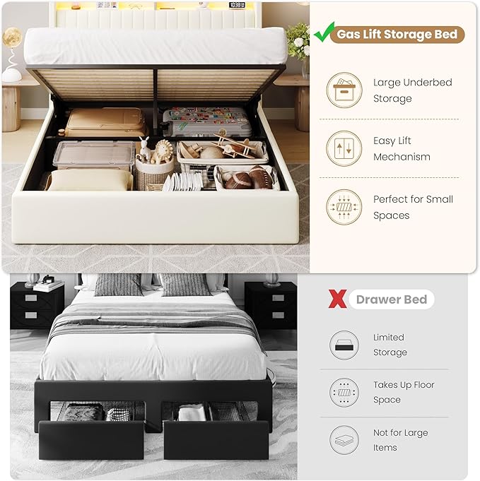 SHA CERLIN Queen Size Lift Up Storage Bed Frame/LED Lights/Charging Station/2-Tier Shelves Headboard/USB,Type-C Ports/Velvet Upholstered/Hydraulic Support/No Box Spring Needed/Noise Free/Cream