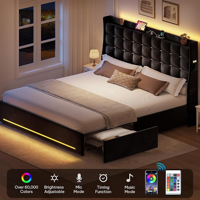 DWVO Queen Size Bed Frame with 4 Drawers and RGB LED Lights, Velvet Upholstered Platform Bed with Charging Station and Storage Headboard, No Box Spring Needed, Easy Assembly, Noise-Free, Black