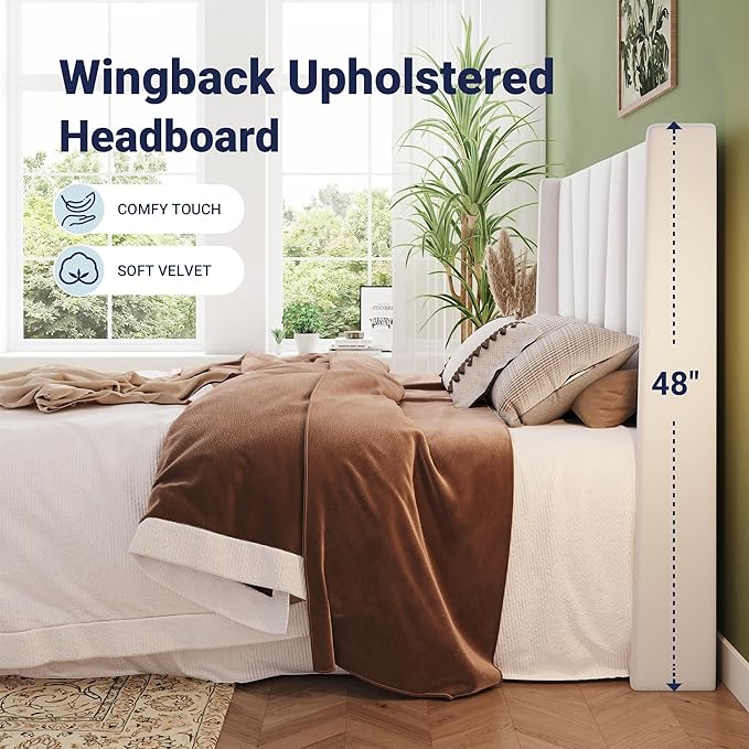 Allewie Queen Size Platform Velvet Bed Frame with Geometric Wingback Headboard, Boho Upholstered Bed with Wooden Slats Support, No Box Spring Needed, Easy Assembly, White