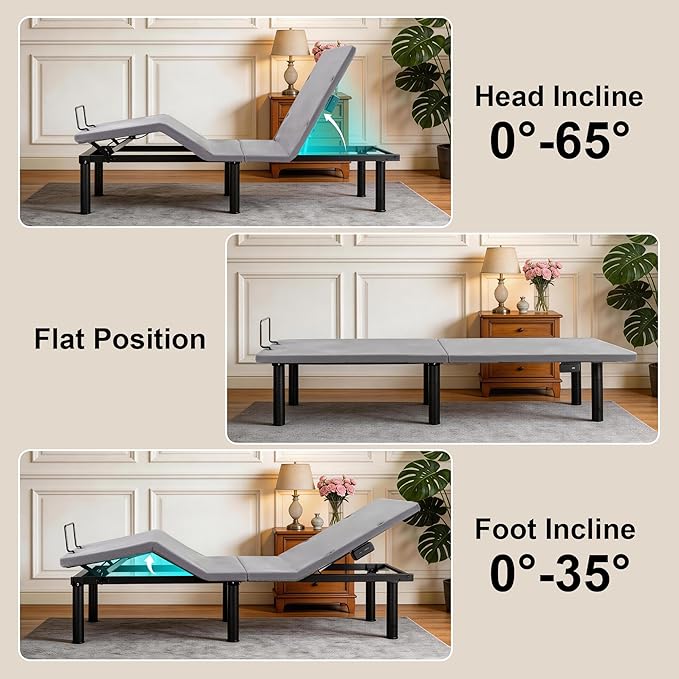 Frassie Adjustable Bed Base Frame Twin XL Electric Bed Base with USB Ports Head and Foot Incline (Twin XL)